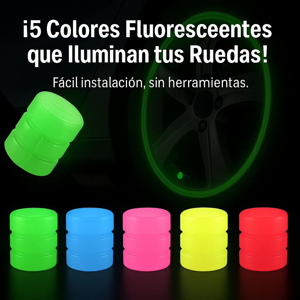 GlowCaps™ – Tapas Fluorescentes para Válvulas de Ruedas (4 un.)