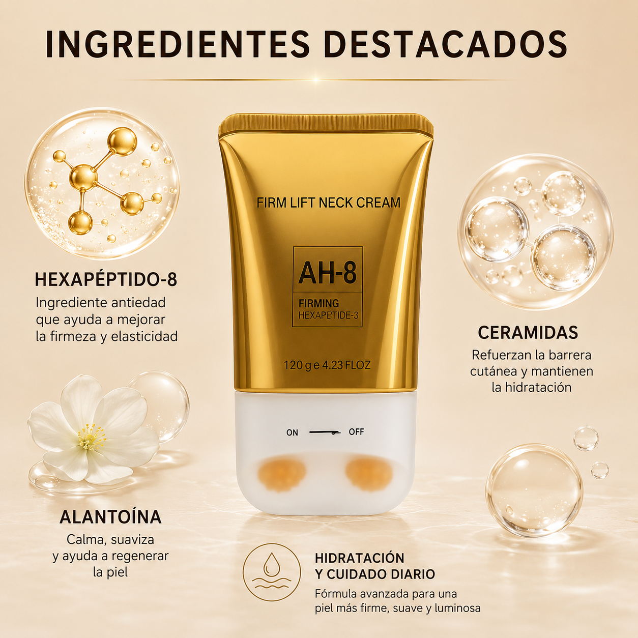Crema Reafirmante Cuello NeckLift AH-8 con Masajeador 360° | Reduce Líneas y Flacidez